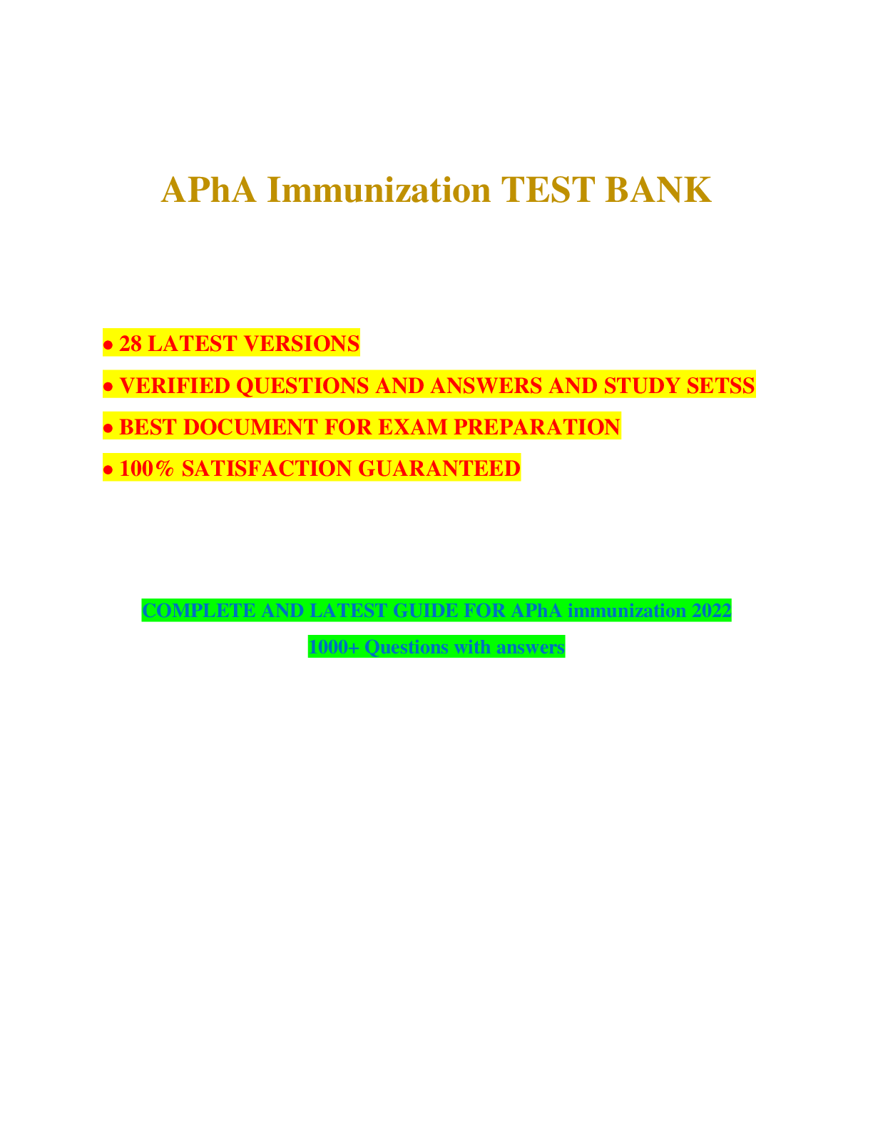 Preview image for APhA Immunization TEST BANK  28 LATEST VERSIONS  VERIFIED QUESTIONS AND ANSWERS AND STUDY SETSS  BEST DOCUMENT FOR EXAM PREPARATION  100% SATISFACTION GUARANTEED COMPLETE AND LATEST GUIDE FOR APhA immunization 2022 1000+ Questions with answers APhA Questions and answers, rated A, 2022/2023 latest update
